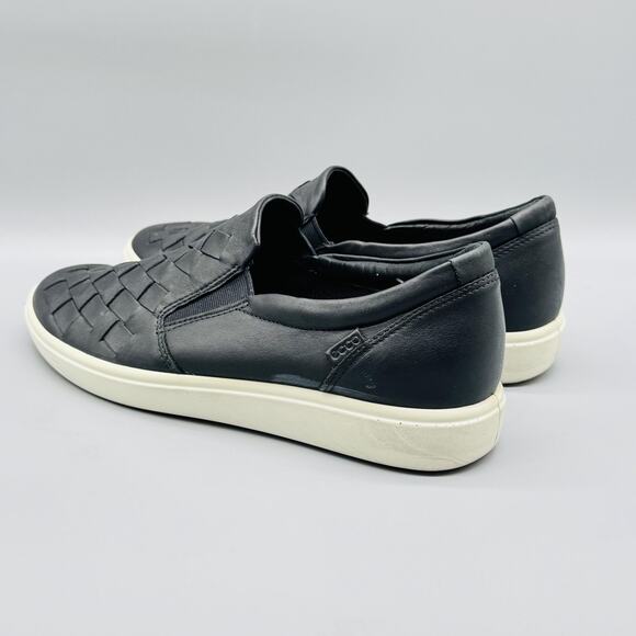 ECCO Shoes Womens 11 Black Leather Loafer Sneakers Soft 7 Woven Slip On Comfort - Picture 6 of 13